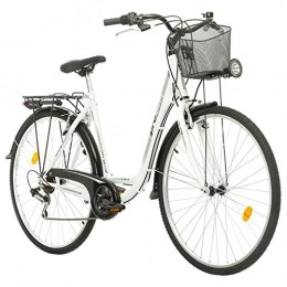 Multibrand Distribution vélo Probike 28 Pouces Vélo de Ville 7 Vitesses, Panier, éclairage de vélo, Femmes, Hommes adaptés de 170-185 cm (Blanc)