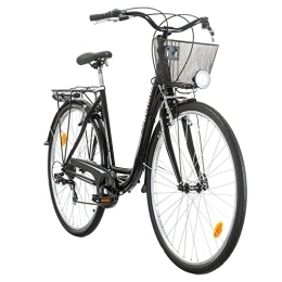 Multibrand Distribution Vélos de villes Probike 28 Pouces Vélo de Ville 7 Vitesses, Panier, éclairage de vélo, Femmes, Hommes adaptés de 170-185 cm (Noir Gris)