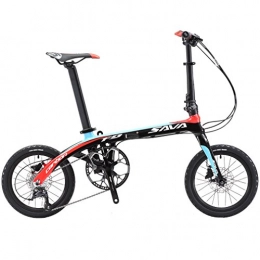 SAVADECK Vélo Pliants, 16” Cadre de Carbone Mini City Transportable Vélos Pliant Shimano Sora 9-Vitesses (Noir Rouge)
