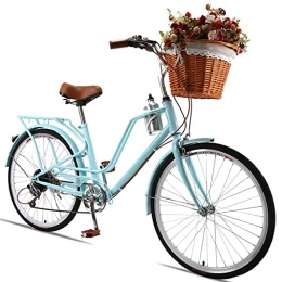 TBNB Vélos de villes TBNB Vélo de Plage pour Femmes de 24 Pouces, vélo de Banlieue de Style rétro, 7 Vitesses, Blanc, Bleu, Rouge (Bleu)