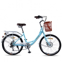JACK'S CAT Vélos de villes Vélo pour femmes en alliage d'aluminium de 24 pouces, vélo confortable Shimano 7 vitesses City Commuter, freins à double disque, avec panier et siège réglable, vélo rétro léger pour adulte, Bleu
