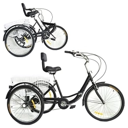 SanBouSi vélo 24 Pouces Pliant Tricycle Tricycle Selle pour Adulte Pliable 7 Vitesses Tricycle avec Dossier Panier de courses pour Adultes et personnes âgées Noir