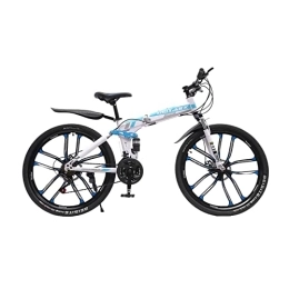 Lightakai Vélos pliant Vélo de montagne pliant 26 pouces, 21 vitesses, VTT adulte, double amortissement, frein à disque pour garçons et filles, bleu et blanc