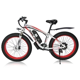 AKEZ Vélos électriques Fat Tire Vélo électrique pour adultes et hommes - 26" - Batterie amovible - Étanche - 48 V 13 A - Shimano - 21 vitesses - Double frein à disque - Blanc et rouge