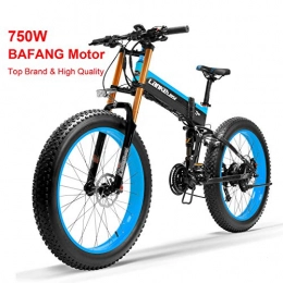 LANKELEISI vélo T750Plus-New Vélo de montagne électrique, Vélo à neige avec capteur de pédale d'assistance de niveau 5, moteur puissant, batterie Li-ion de 48V 14.5 Ah, mise à niveau en fourche (Black Blue-BF, 750W)