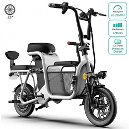YMWD vélo YMWD Parent-Enfant 3 Sièges Vélos Électriques Pliant 350W Vélo De Ville Électrique pour Adultes Smart Bike Roues De 12 Pouces 48V 8-20A Batterie Lithium Rechargeable, Blanc, 8A